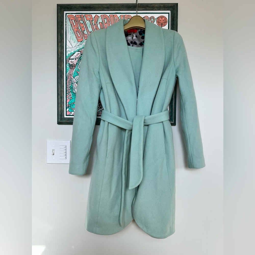 Mint Green Wrap Coat, Belted w Pockets, Virgin Wool PA Blend, Women’s Size Small